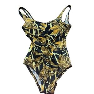 Vtg Seaside Women Tropical Leaf Gold Glitter Ruched One Piece Swimsuit Size 10